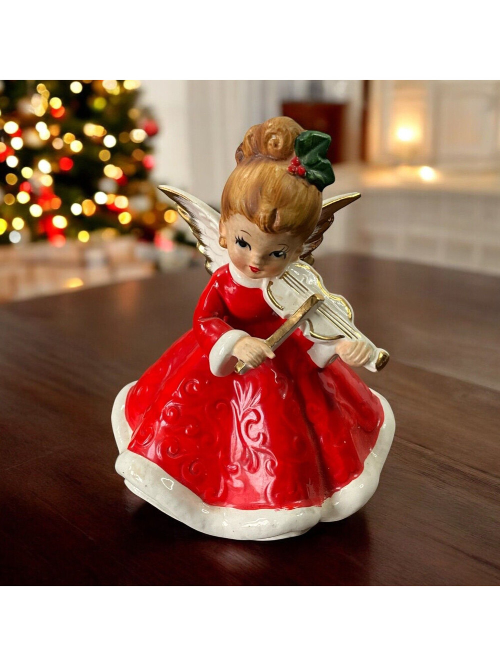 Vtg Sankyo Christmas Angel Red Dress Playing Violin Music Box Silent Night Japan